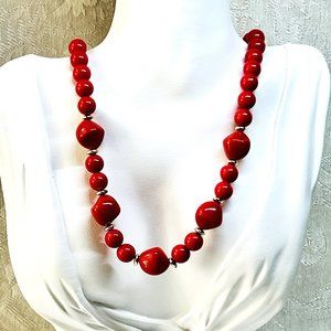 Red Multi-Shape Bead Necklace Fashion Vintage Jewelry Women MCM Style 18”